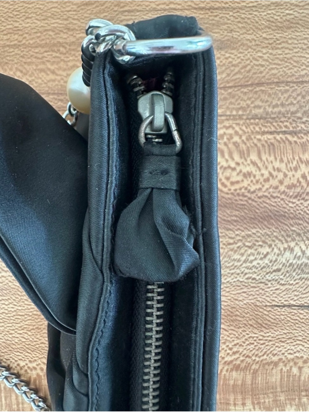 White House Black Market Black Bow-Front Evening Shoulder Bag with Pearl Chain - Picture 7 of 12